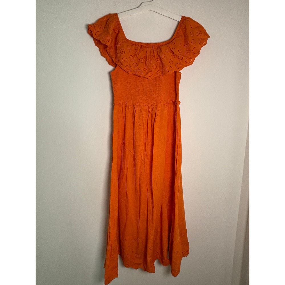 J GEE Orange Eyelet Smocked Midi Dress Off Shoulder Ruffle Boho Summer Large